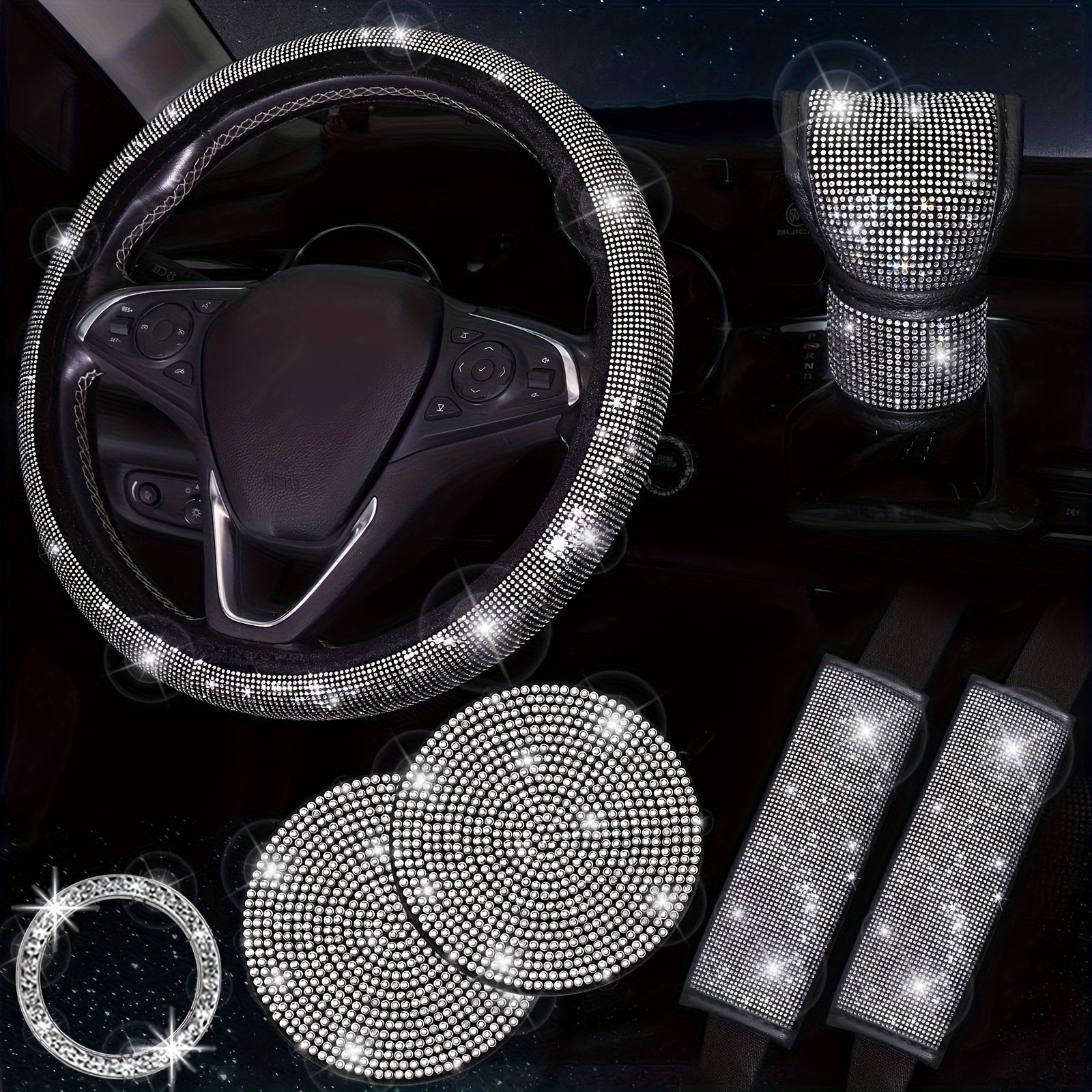 Bling Car Accessories For Women, Bling Steering Wheel Cover Bling Car Coasters Bling Set Seat Belt Shoulder Pads Ring Emblem Sticker Gear Shift Cover